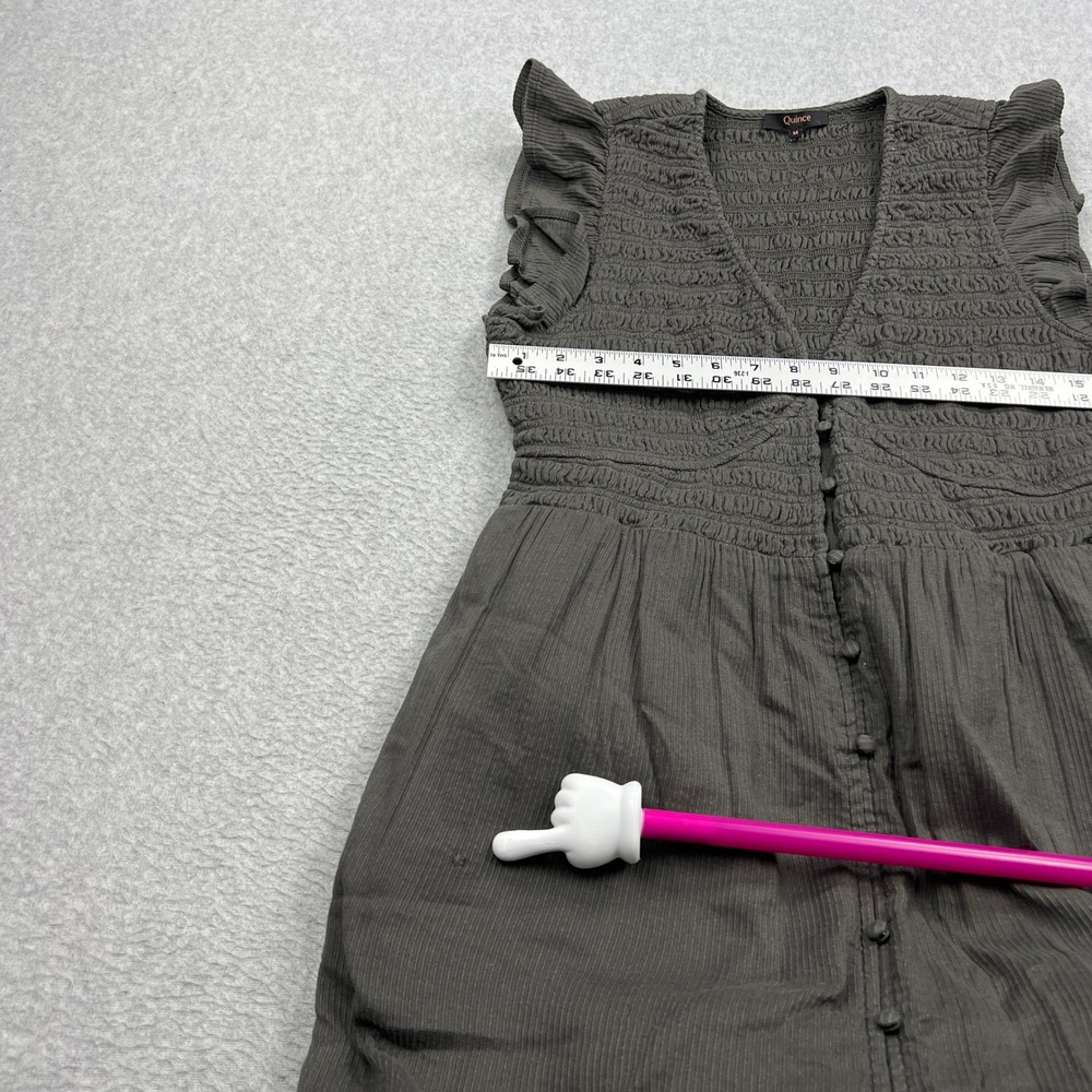 Quince Dress Womens Medium Charcoal Organic Textured Cotton Smocked V-Neck Midi - Picture 7 of 11
